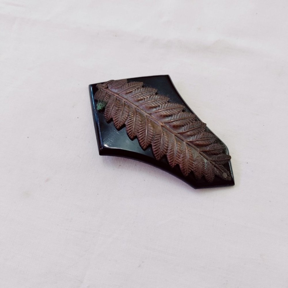 Vintage Black Plastic Copper Metal Leaf Buckle Clasp